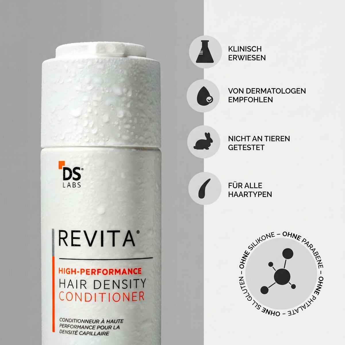 DS Laboratories bottle beside hair color swatch showing color-safe benefit