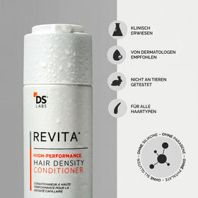DS Laboratories bottle beside hair color swatch showing color-safe benefit