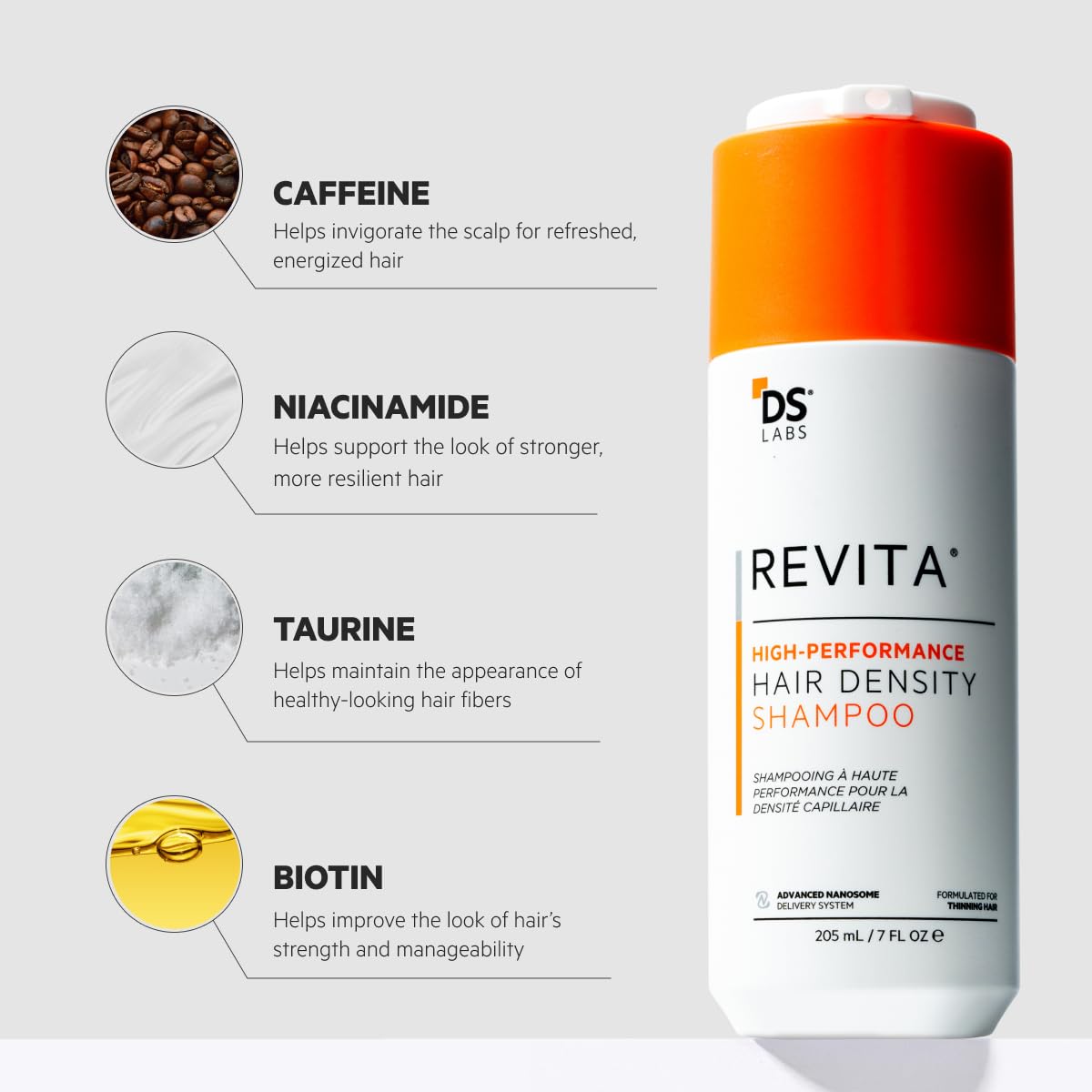 DS Laboratories before and after visual flatlay for fuller-looking hair