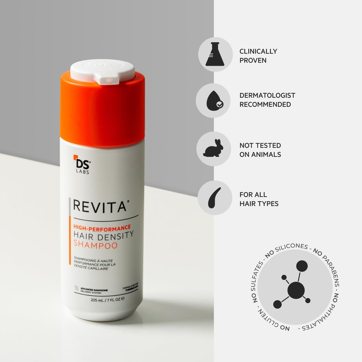 DS Laboratories label close-up with ingredient highlights and product size