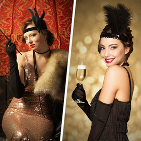 DTOFOOT model wearing headband at a Gatsby party demonstrating retro glamour and confidence