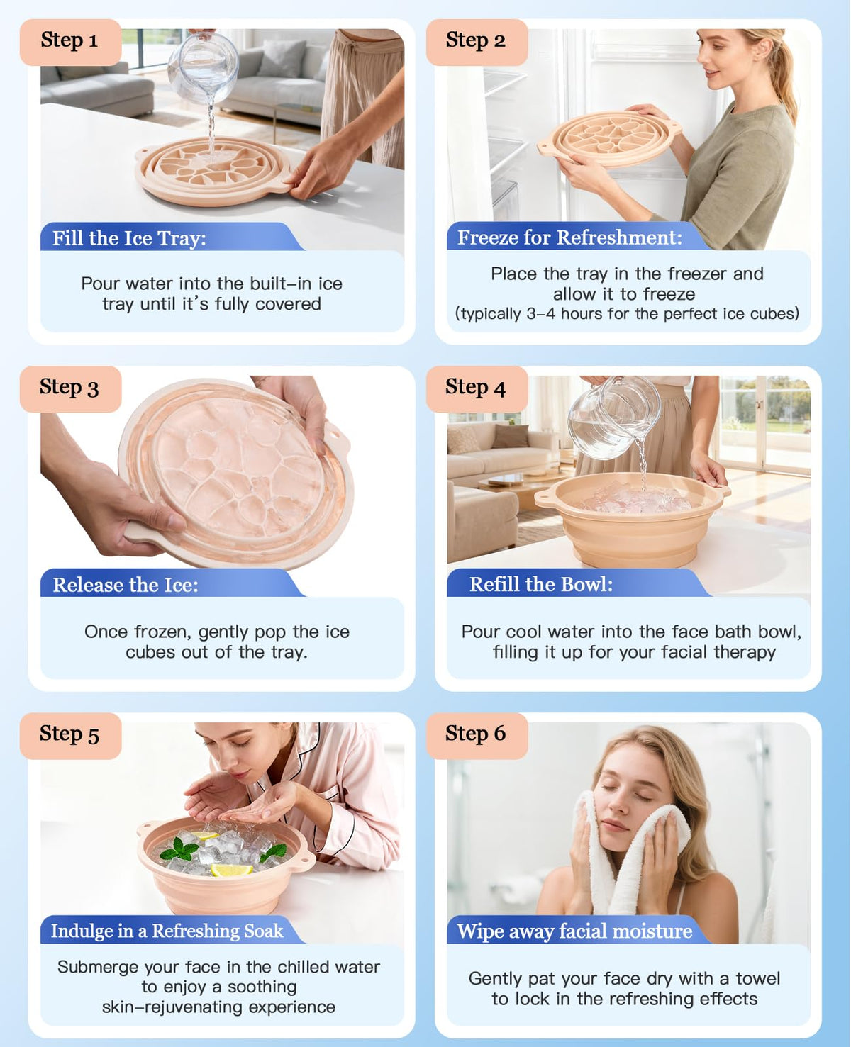 Dtuoen face bowl in use on a bathroom sink demonstrating hands-free cooling