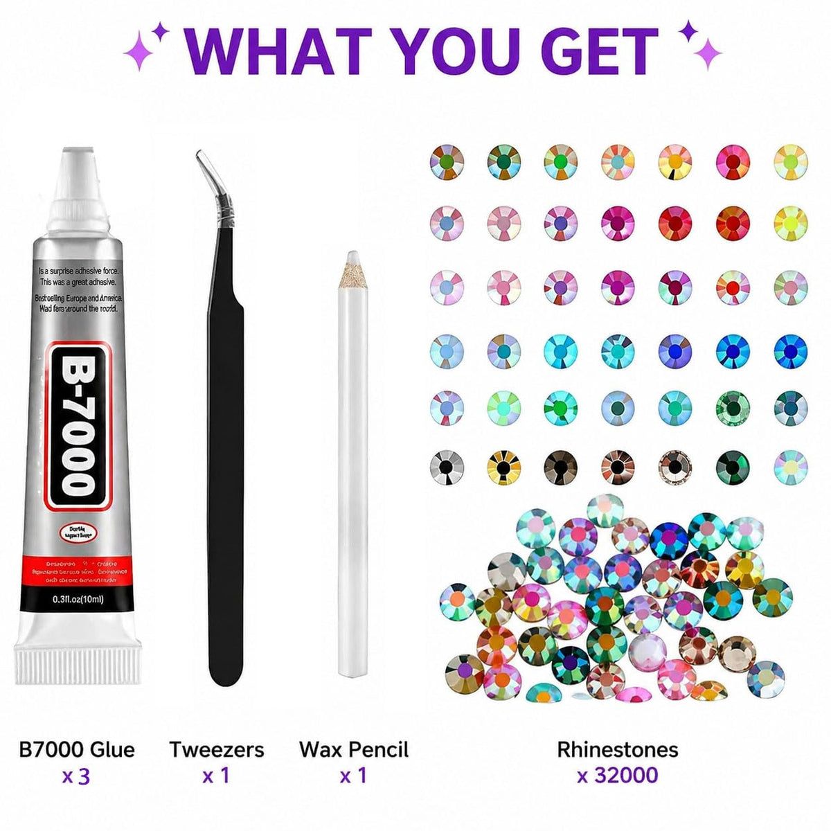 DUARIHA applicator and adhesive beside rhinestones demonstrating precise, easy placement