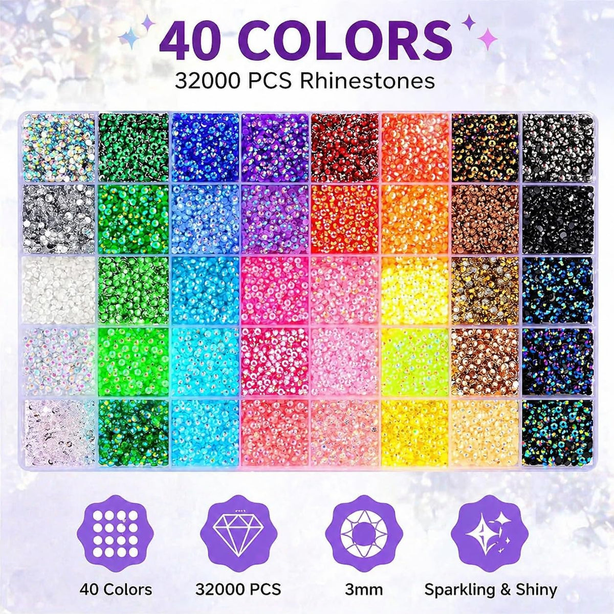 DUARIHA color array of 40 jelly rhinestones displaying vibrant choices for customization
