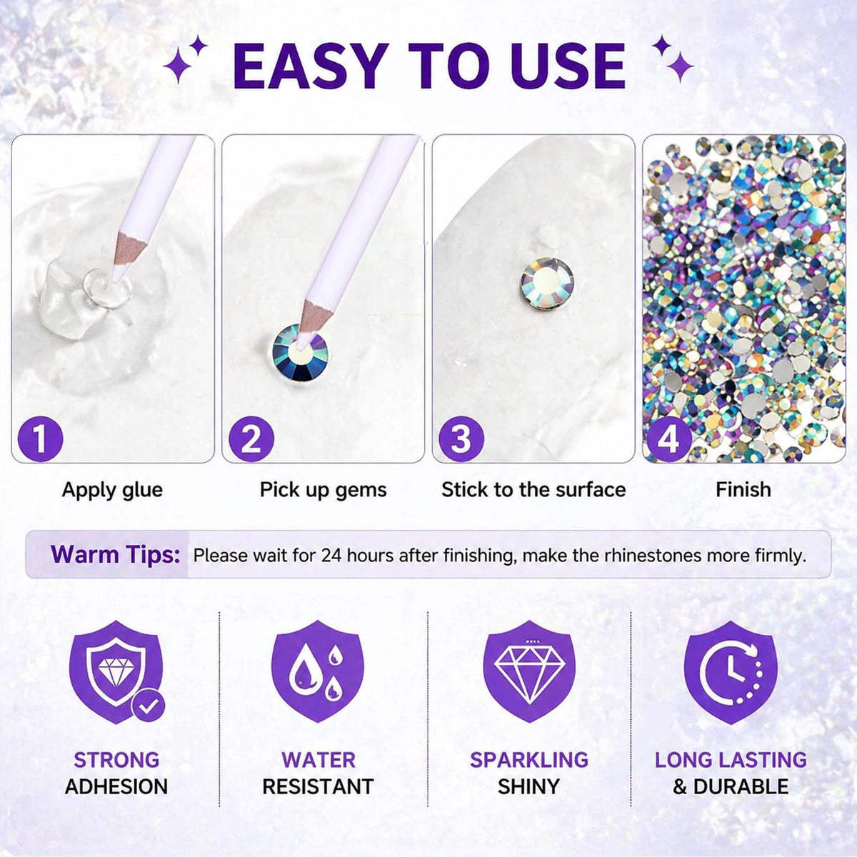 DUARIHA rhinestones applied on nails and makeup adding professional sparkle and detail