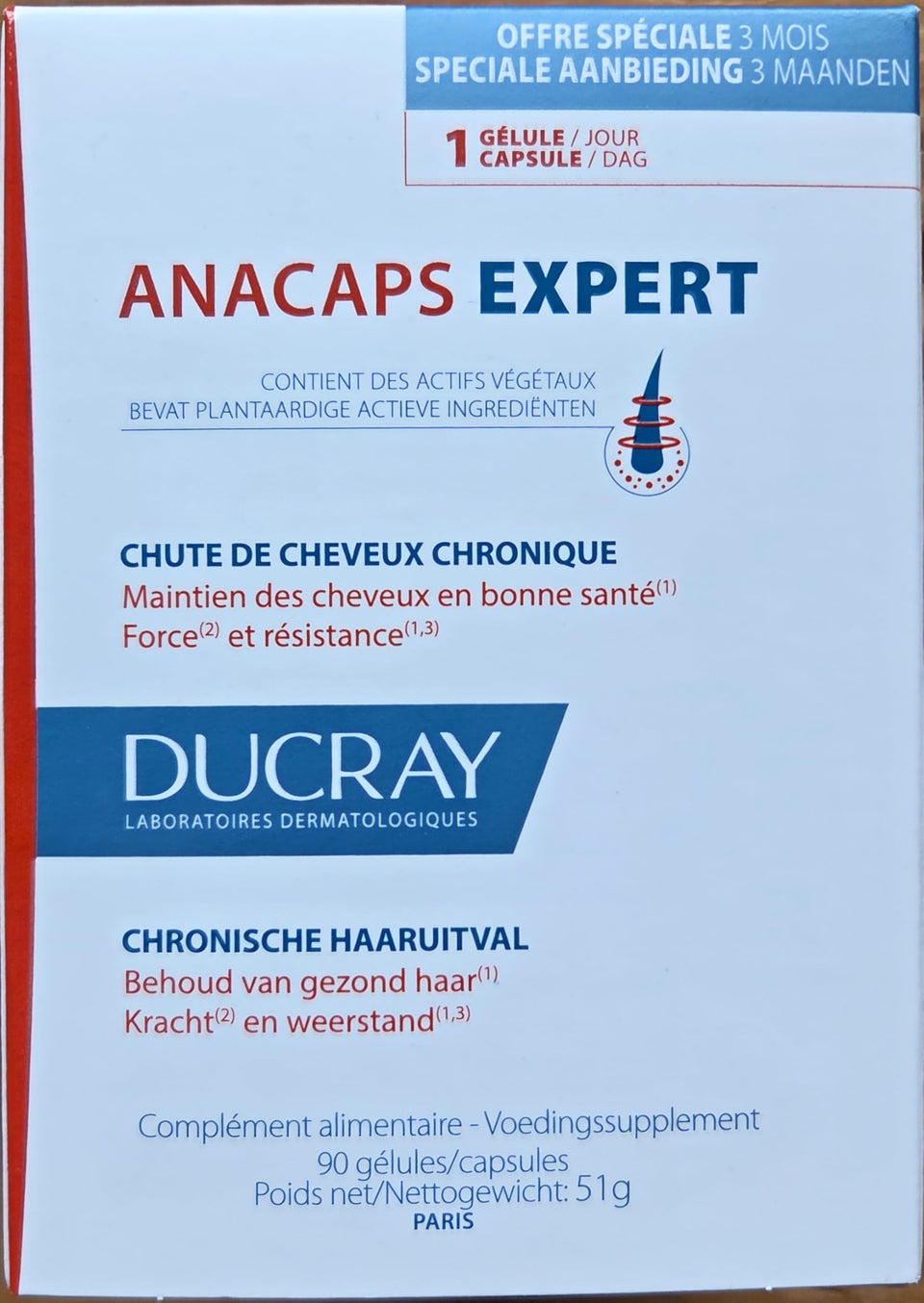 Ducray Anacaps front packaging showing product and capsule count benefits