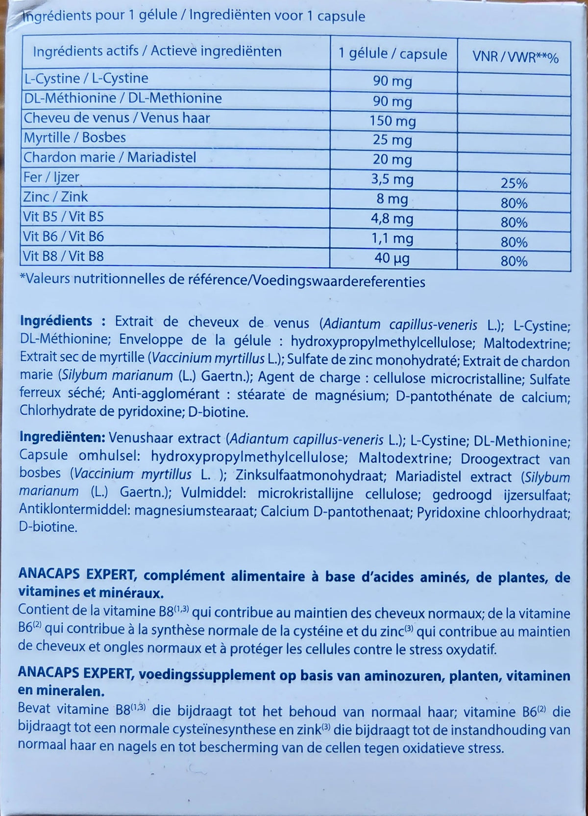Ducray Anacaps label ingredients view showing amino acids and vitamins benefits