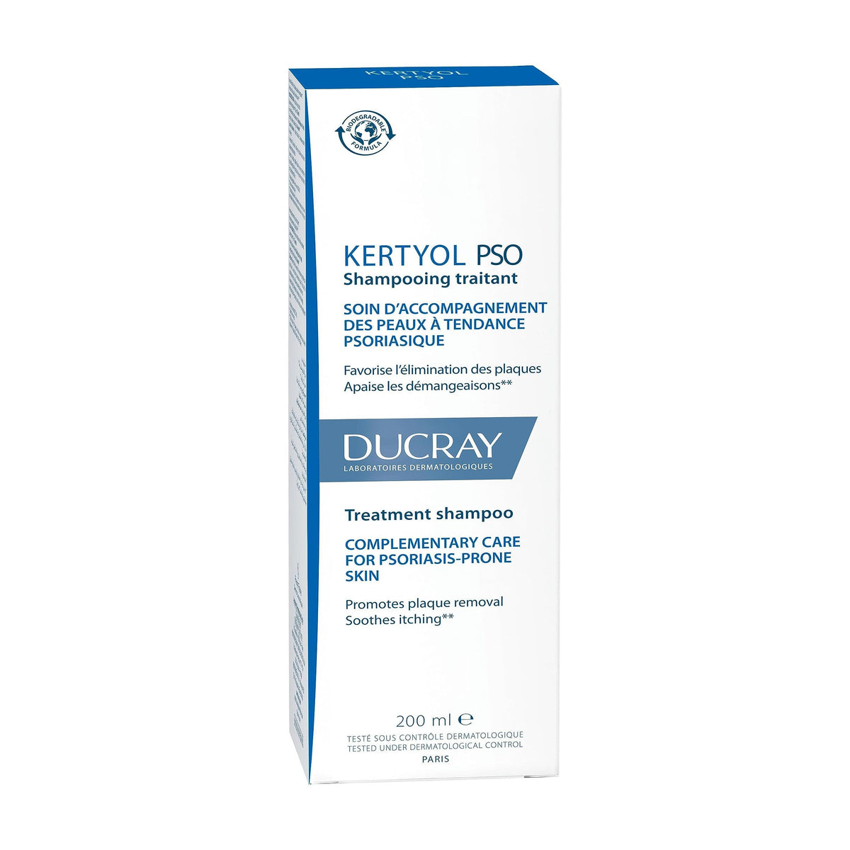 Ducray Kertyol P.S.O. shampoo being applied to scalp demonstrating targeted treatment use