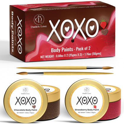 Dude's Love front packaging showing two flavored edible paints, ideal romantic gift