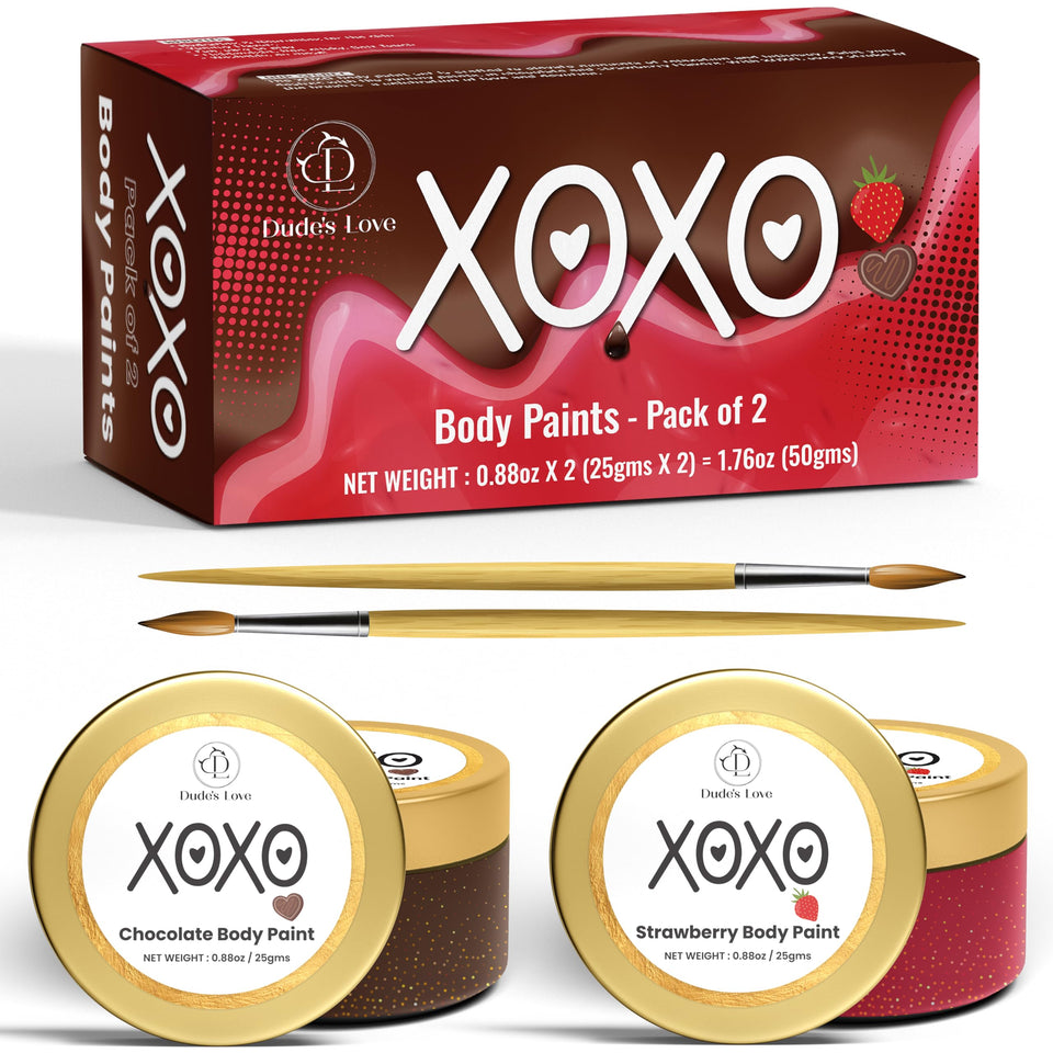 Dude's Love front packaging showing two flavored edible paints, ideal romantic gift