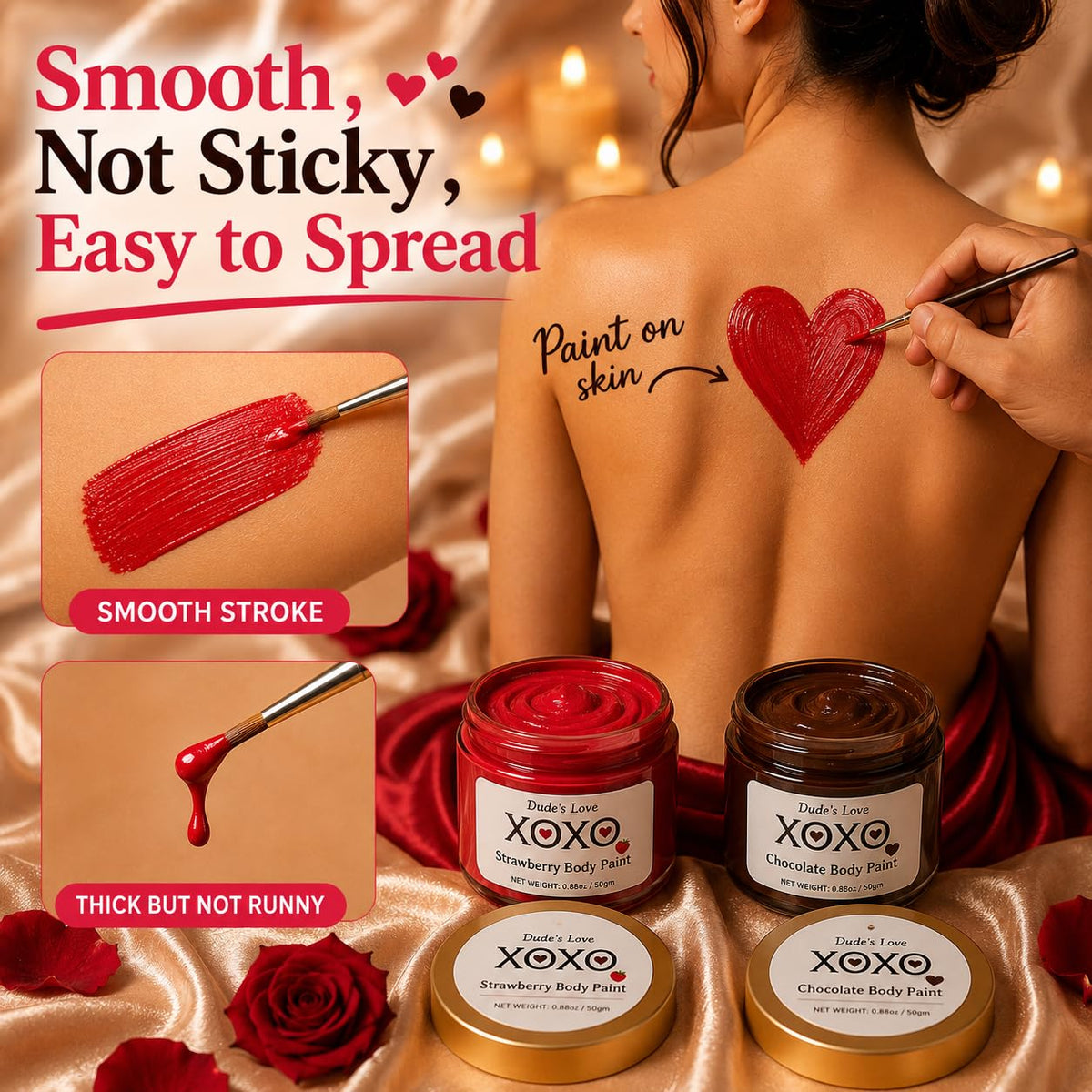 Dude's Love texture swipe on skin showing smooth non-sticky finish for easy spread
