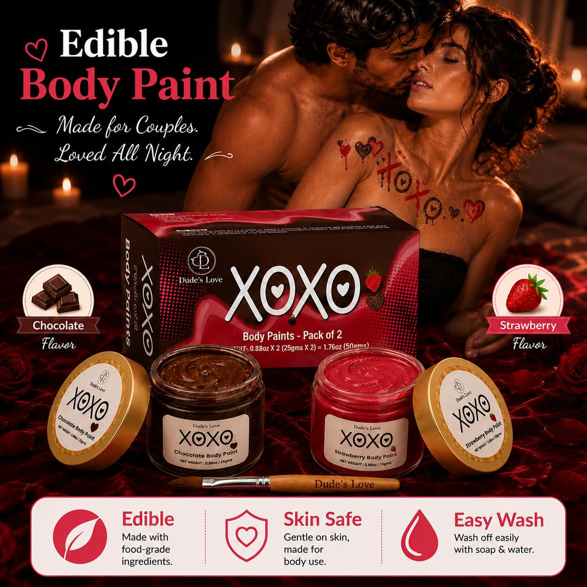 Dude's Love close-up of strawberry and chocolate tubes, clear flavor distinction benefit