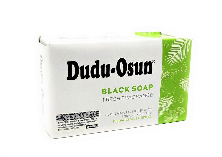 Dudu-Osun front packaging showing four 150g bars and clear natural labeling for authenticity