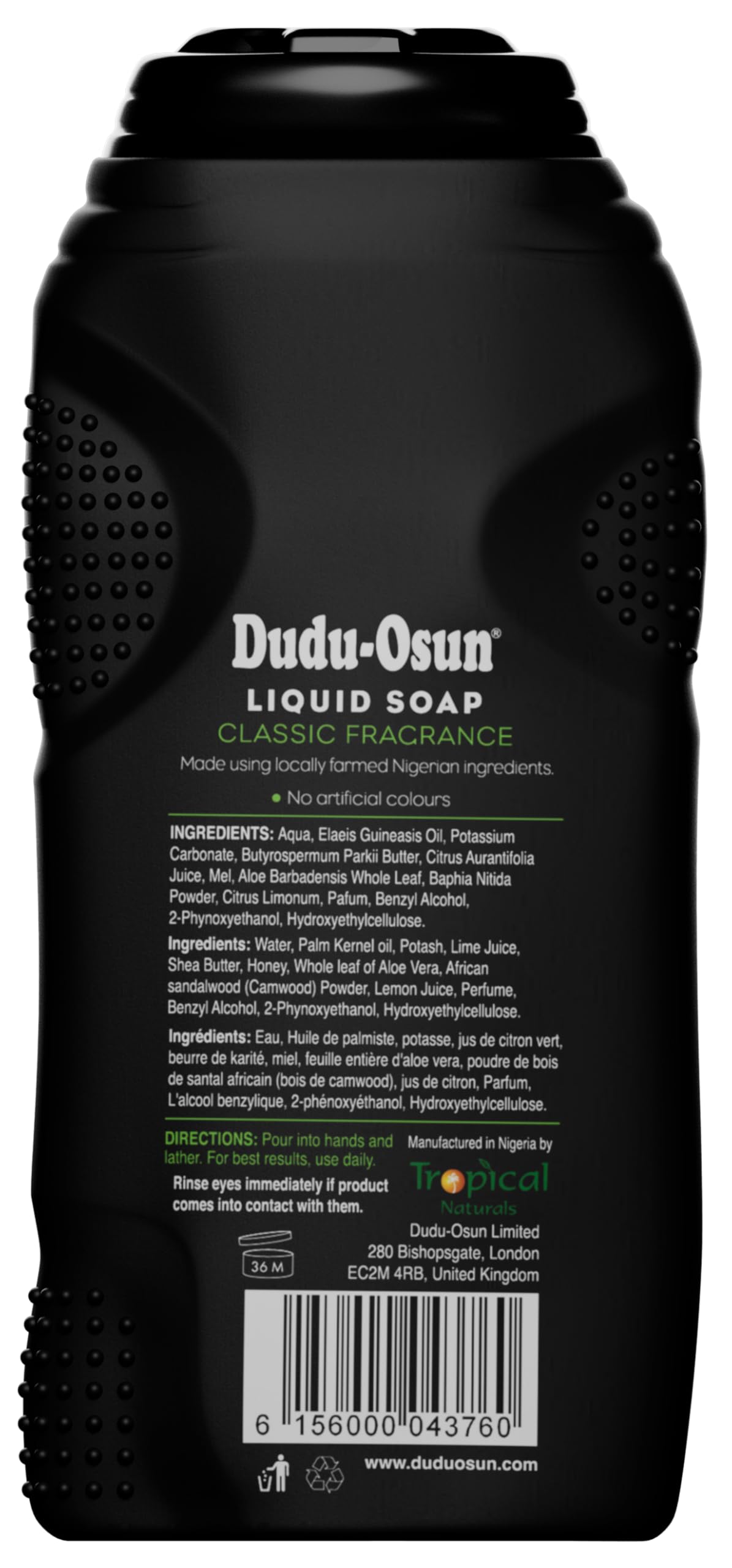 Dudu-Osun label detail highlighting ingredients and ingredient clarity benefit