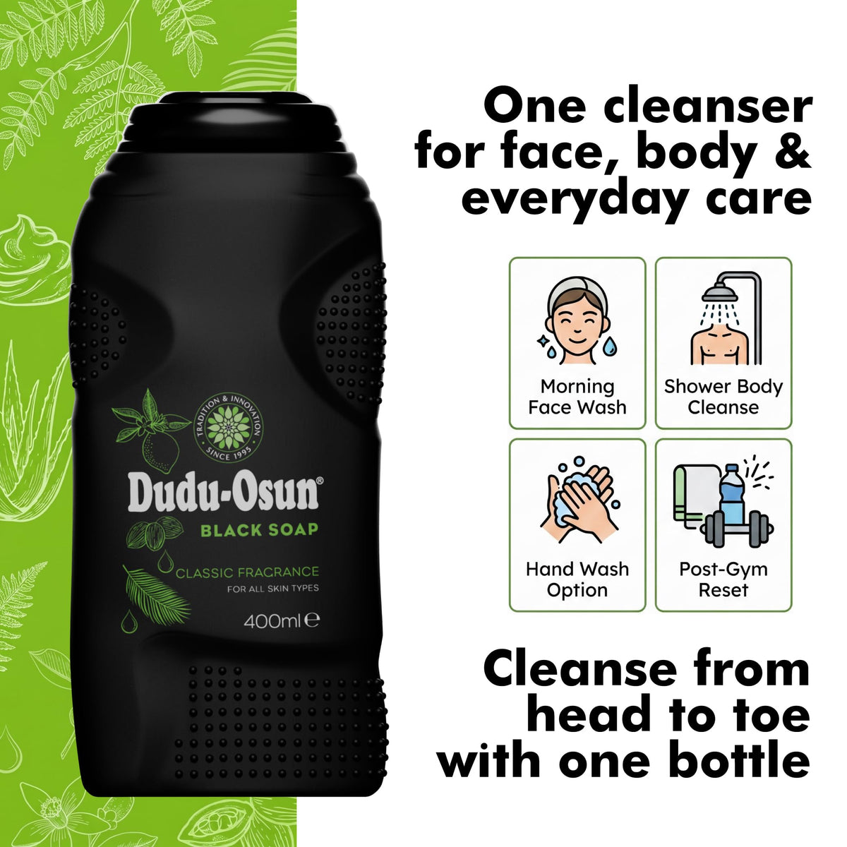 Dudu-Osun held in hand showing 400ml scale and lasting value