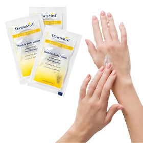Dukal DawnMist packet in hand demonstrating portable 0.35 oz portion control