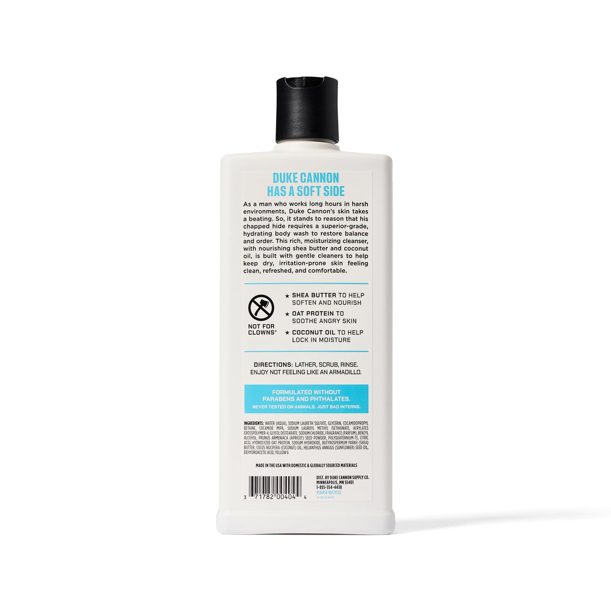 Duke Cannon 18oz bottle next to common objects to show true size and value