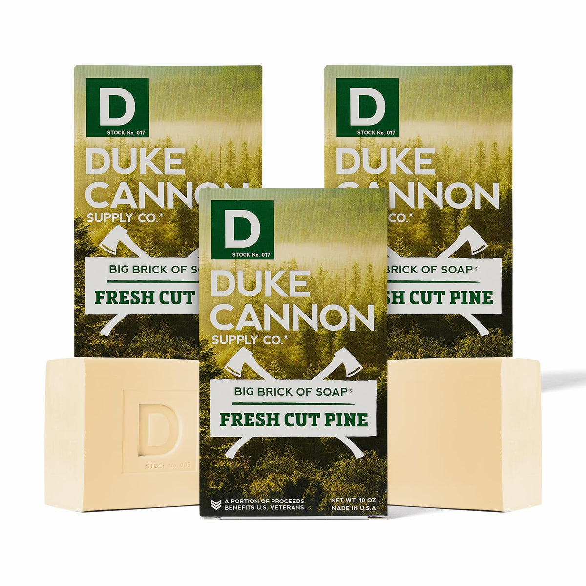 Duke Cannon front packaging showing large 10 oz bar and pine scent benefit