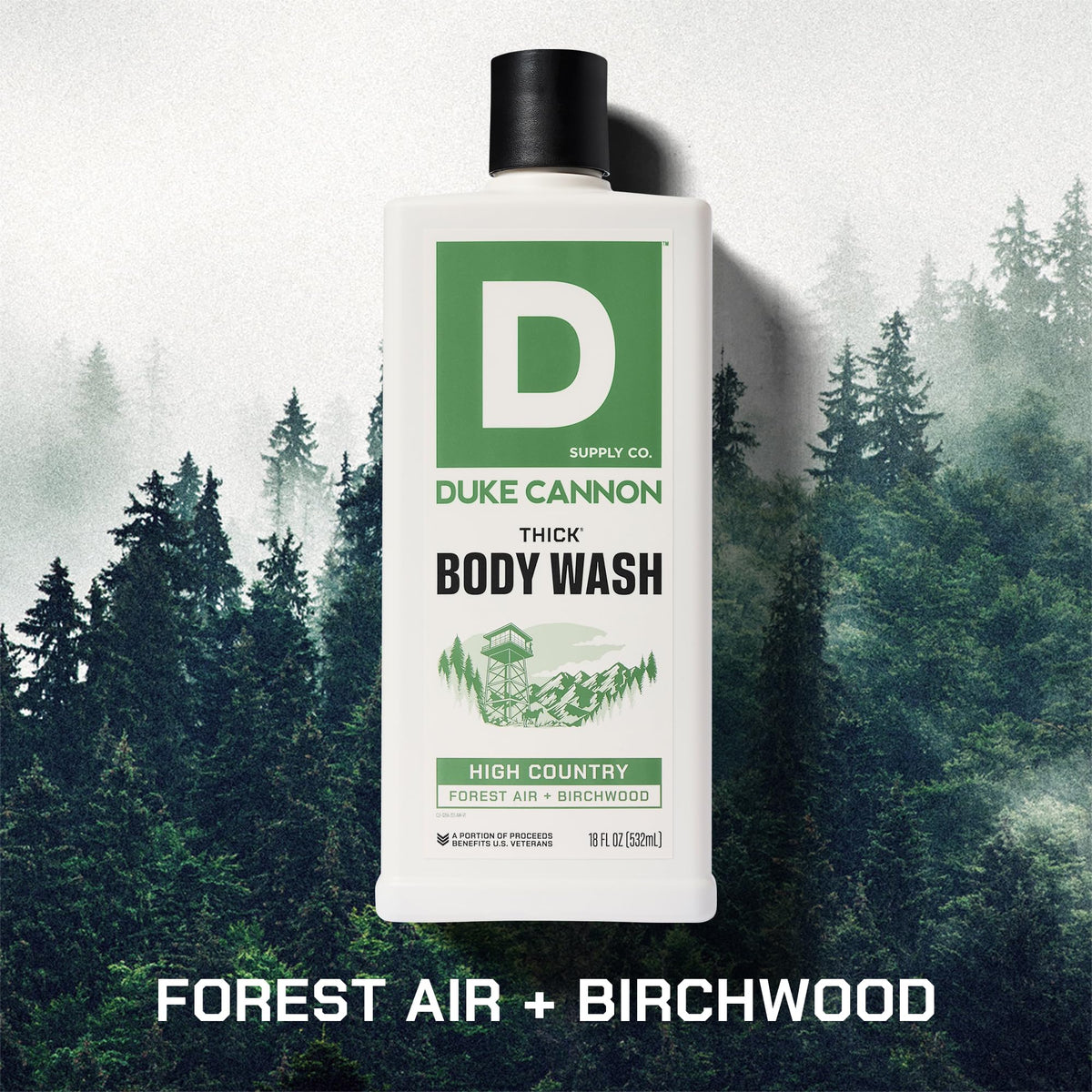 Duke Cannon bottle pouring concentrated body wash for efficient coverage