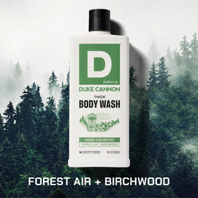 Duke Cannon bottle pouring concentrated body wash for efficient coverage