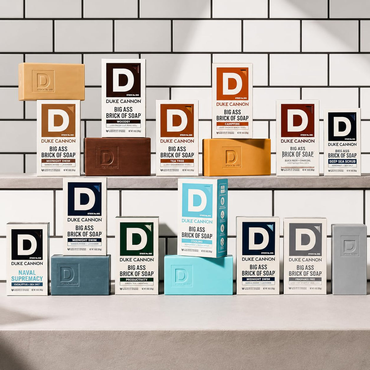 Duke Cannon bar displayed in bathroom lifestyle setting showing rugged scent and daily convenience