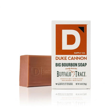 Duke Cannon front packaging showing 10 oz bourbon bar and bold branding benefit: clear product identity