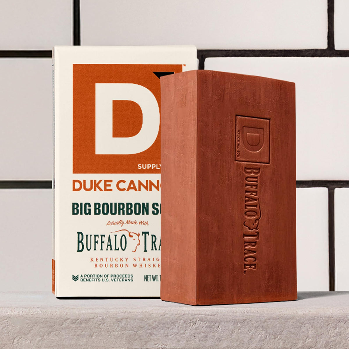 Duke Cannon bourbon scent still life with barrel evoking woodsy aroma