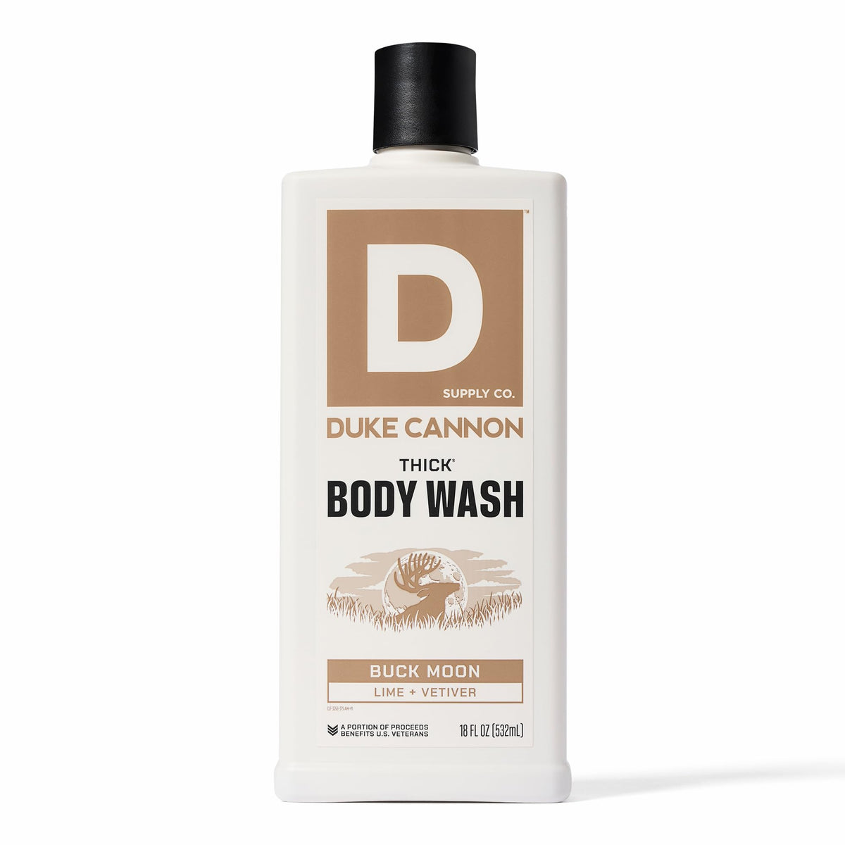 Duke Cannon front label showing Buck Moon scent and product benefits