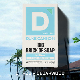 Duke Cannon close-up of brick texture highlighting triple-milled density and long-lasting lather