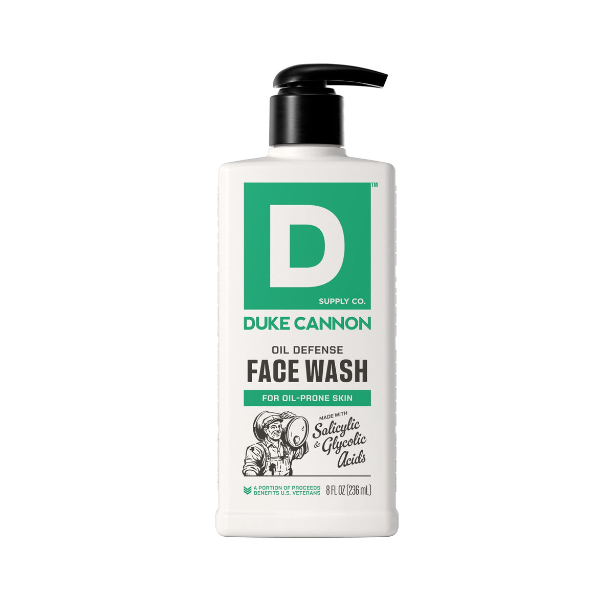 Duke Cannon front bottle showing label and size, promoting clear oil control