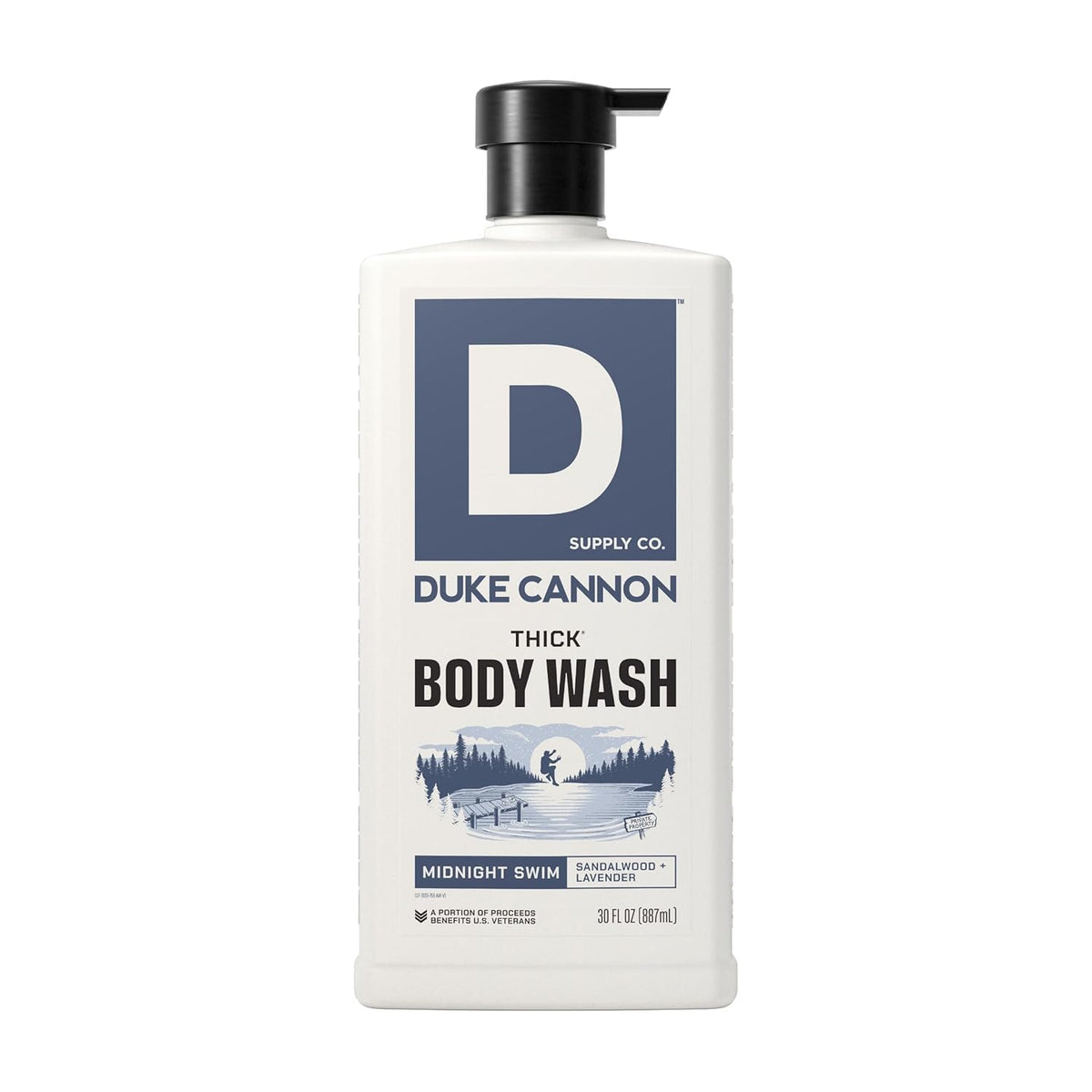 Duke Cannon front bottle showing label and Midnight Swim scent for effective cleansing