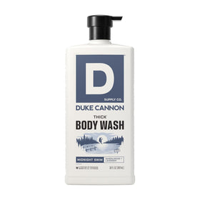 Duke Cannon front bottle showing label and Midnight Swim scent for effective cleansing