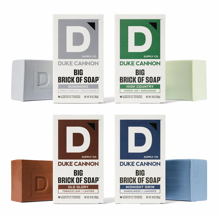 Duke Cannon Supply Co. front view of four-bar Frontier 40 pack showing bold packaging benefit