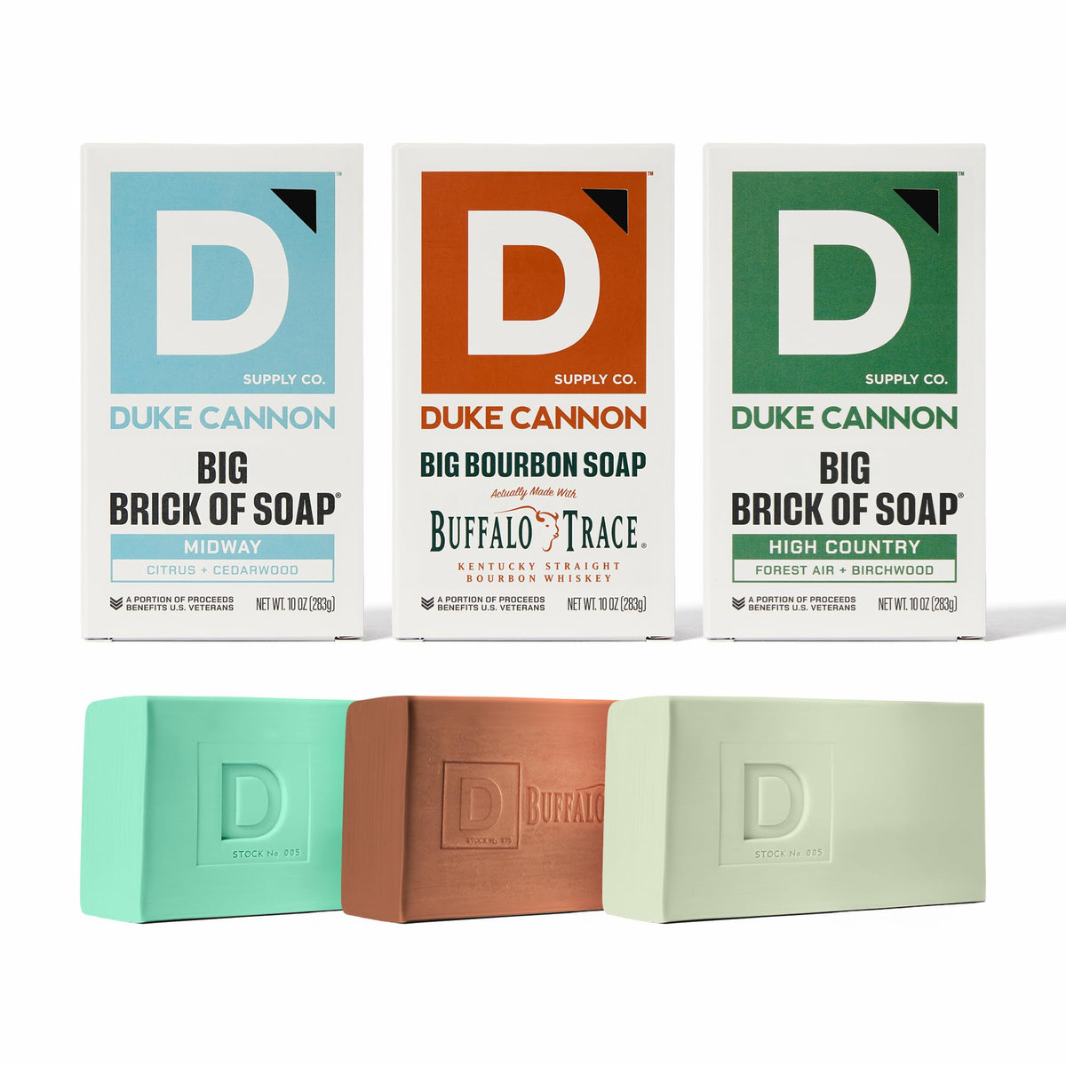 Duke Cannon front packaging showing 3-pack and rugged box design benefits longevity
