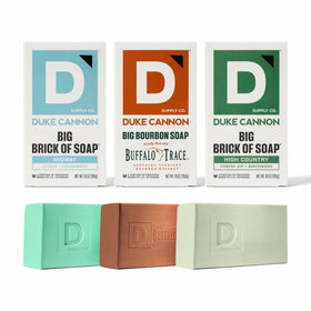 Duke Cannon front packaging showing 3-pack and rugged box design benefits longevity