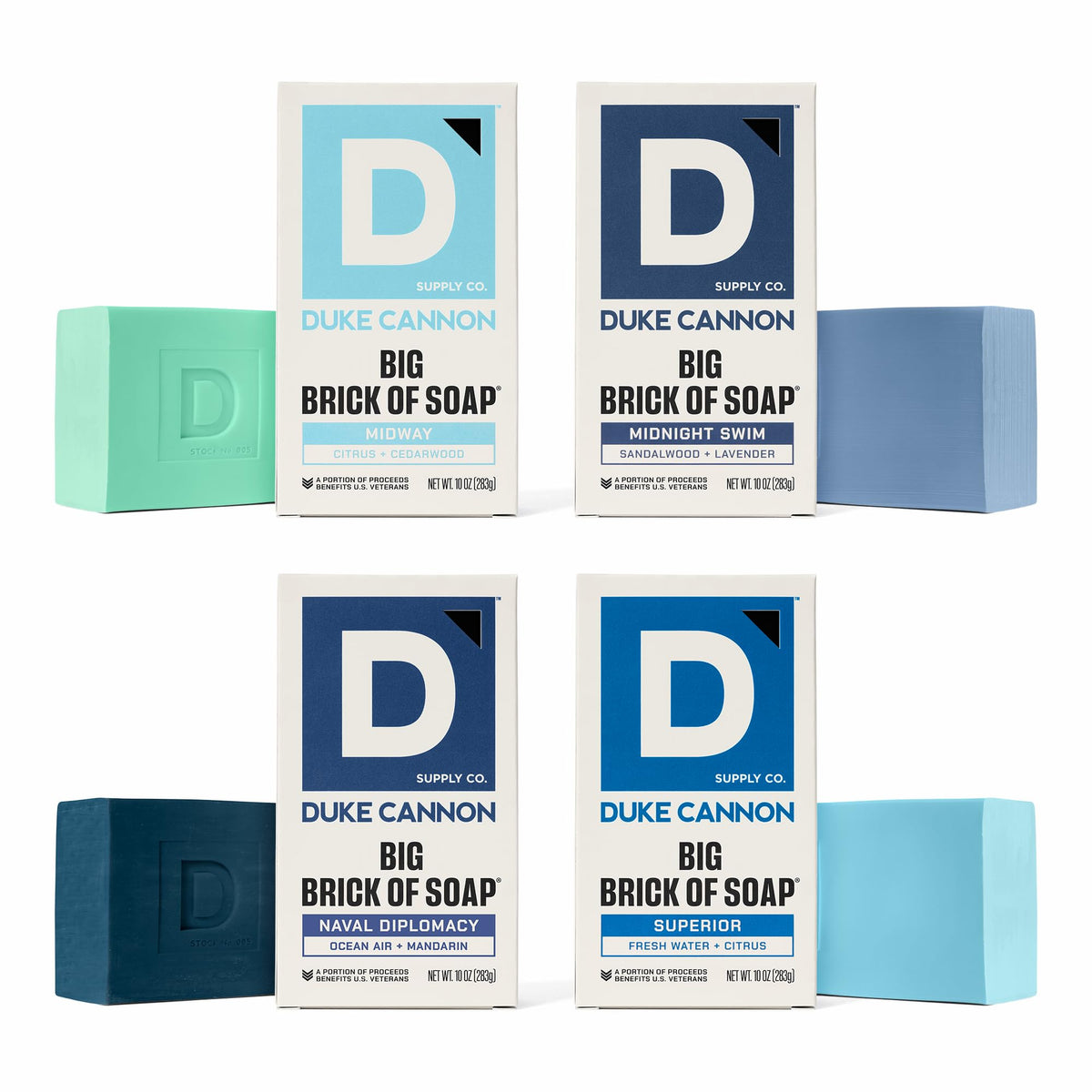 Duke Cannon front packaging showing four large bars and bold branding, gift-ready benefit