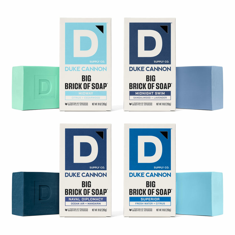 Duke Cannon front packaging showing four large bars and bold branding, gift-ready benefit