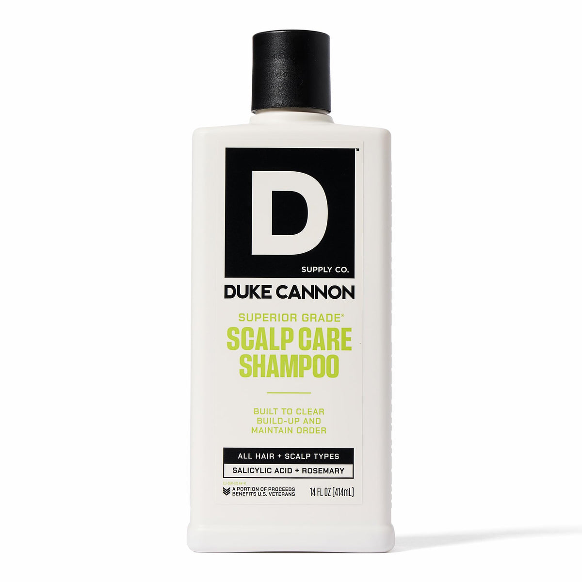Duke Cannon bottle front view showing label and 14 oz size benefit