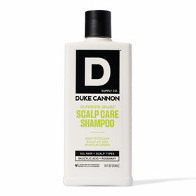 Duke Cannon bottle front view showing label and 14 oz size benefit