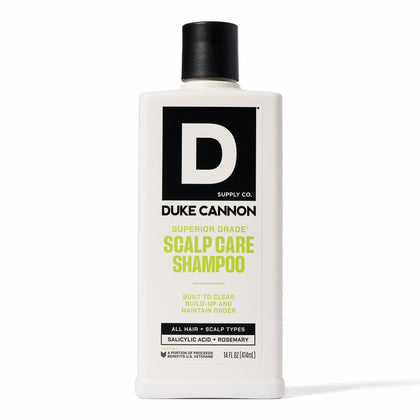 Duke Cannon bottle front view showing label and 14 oz size benefit
