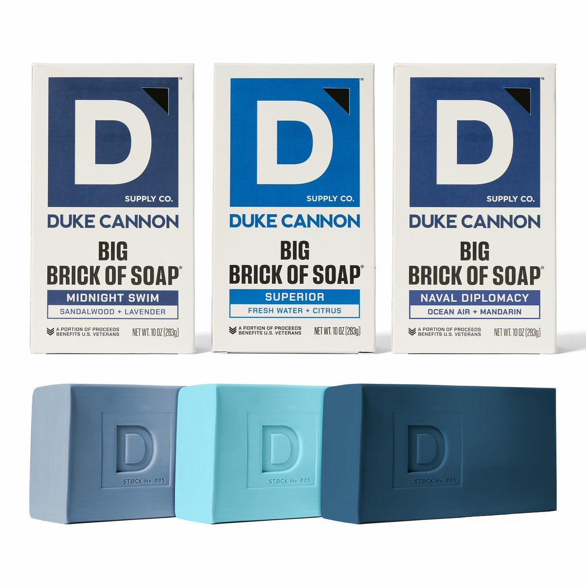 Duke Cannon front packaging showing three-bar set and bold branding for gifting
