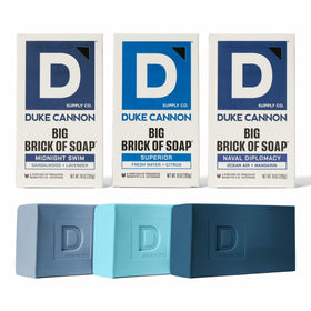 Duke Cannon front packaging showing three-bar set and bold branding for gifting