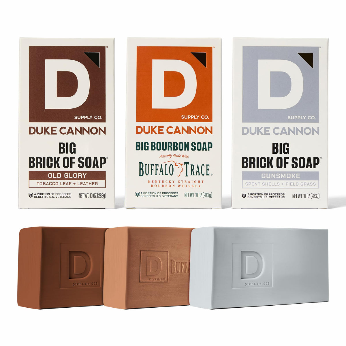 Duke Cannon front packaging showing three distinct masculine scents for easy selection