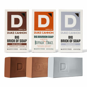 Duke Cannon front packaging showing three distinct masculine scents for easy selection