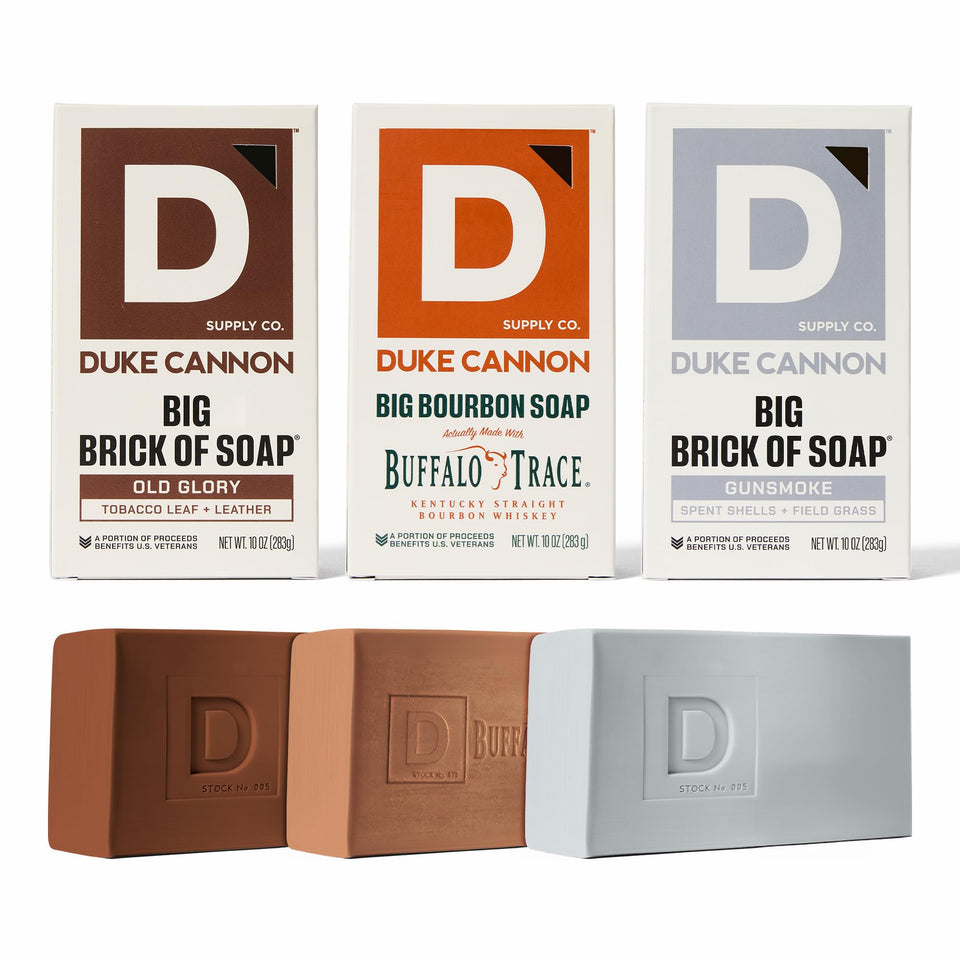 Duke Cannon front packaging showing three distinct masculine scents for easy selection