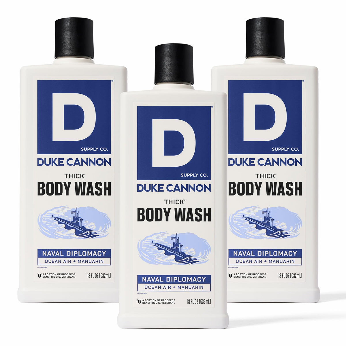 Duke Cannon front packaging showing bold bottle and size benefit