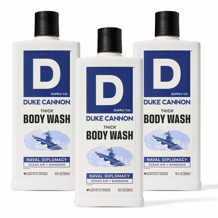 Duke Cannon front packaging showing bold bottle and size benefit