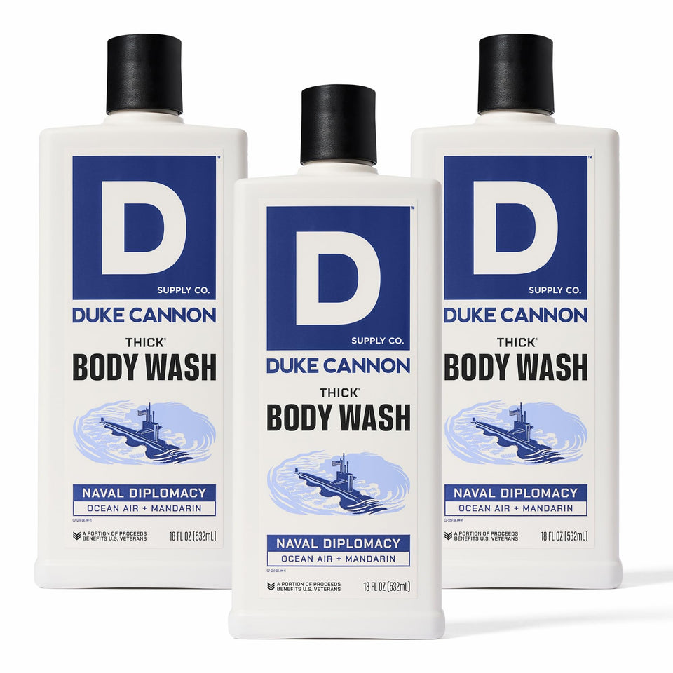 Duke Cannon front packaging showing bold bottle and size benefit