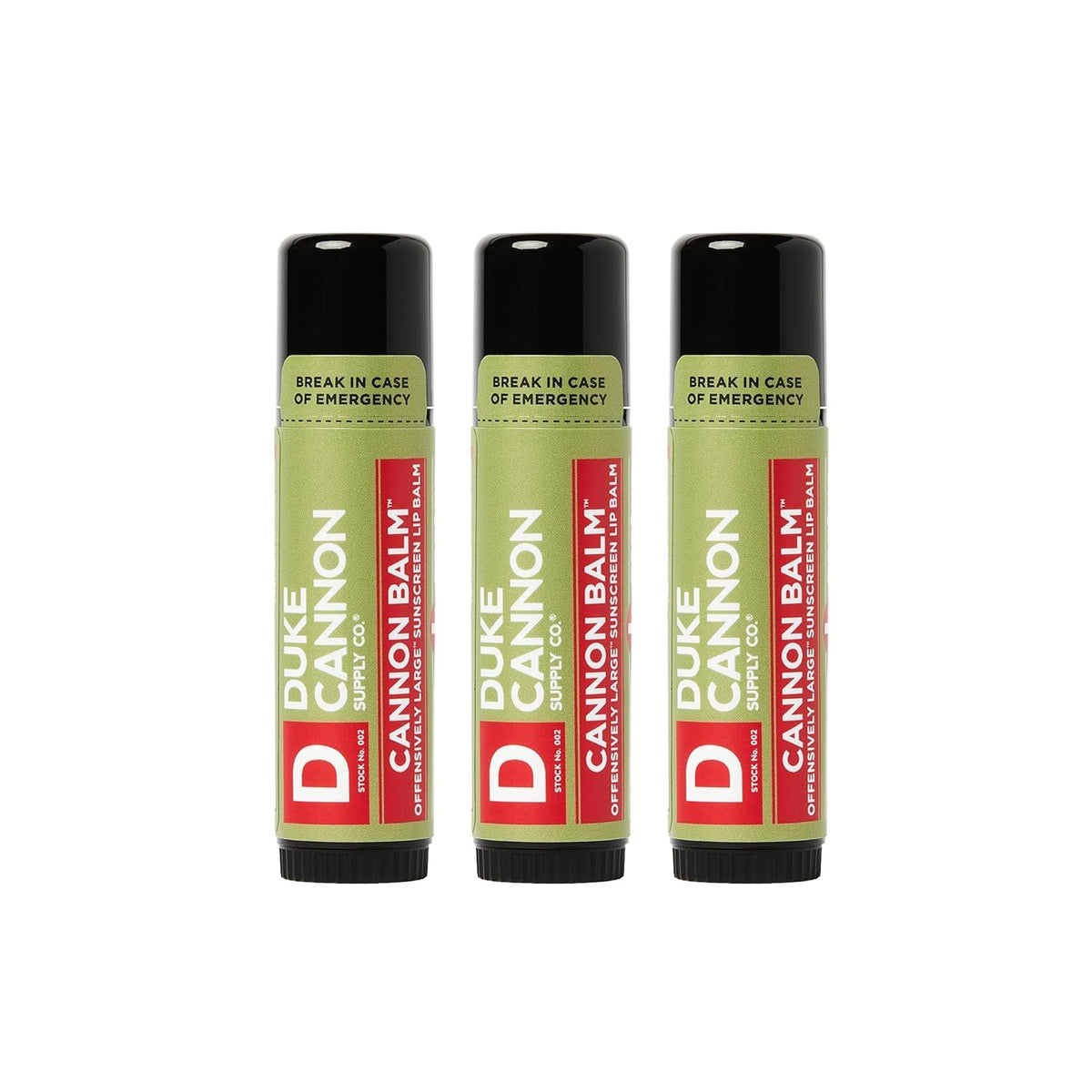 Duke Cannon front packaging showing three mint SPF 15 tubes for durable protection