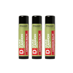 Duke Cannon front packaging showing three mint SPF 15 tubes for durable protection
